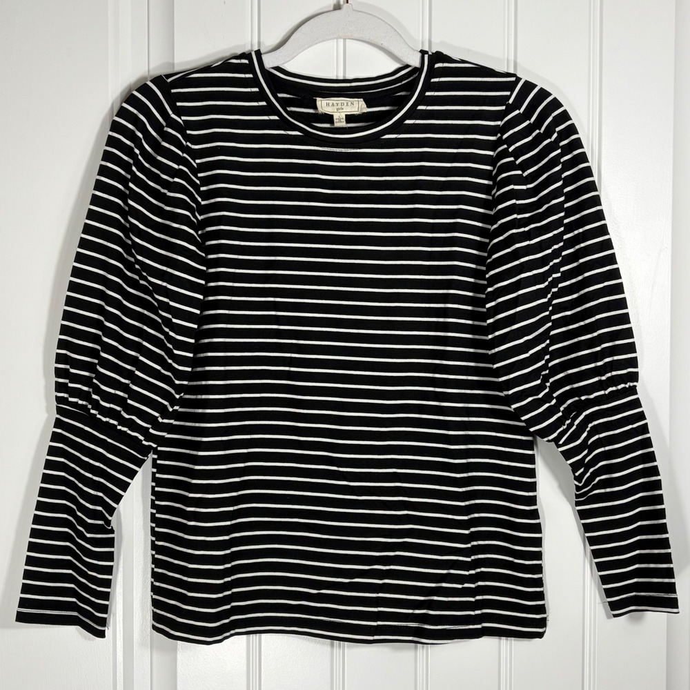 Hayden Girls Black White Striped Puff Sleeve Top GY2291 Large
